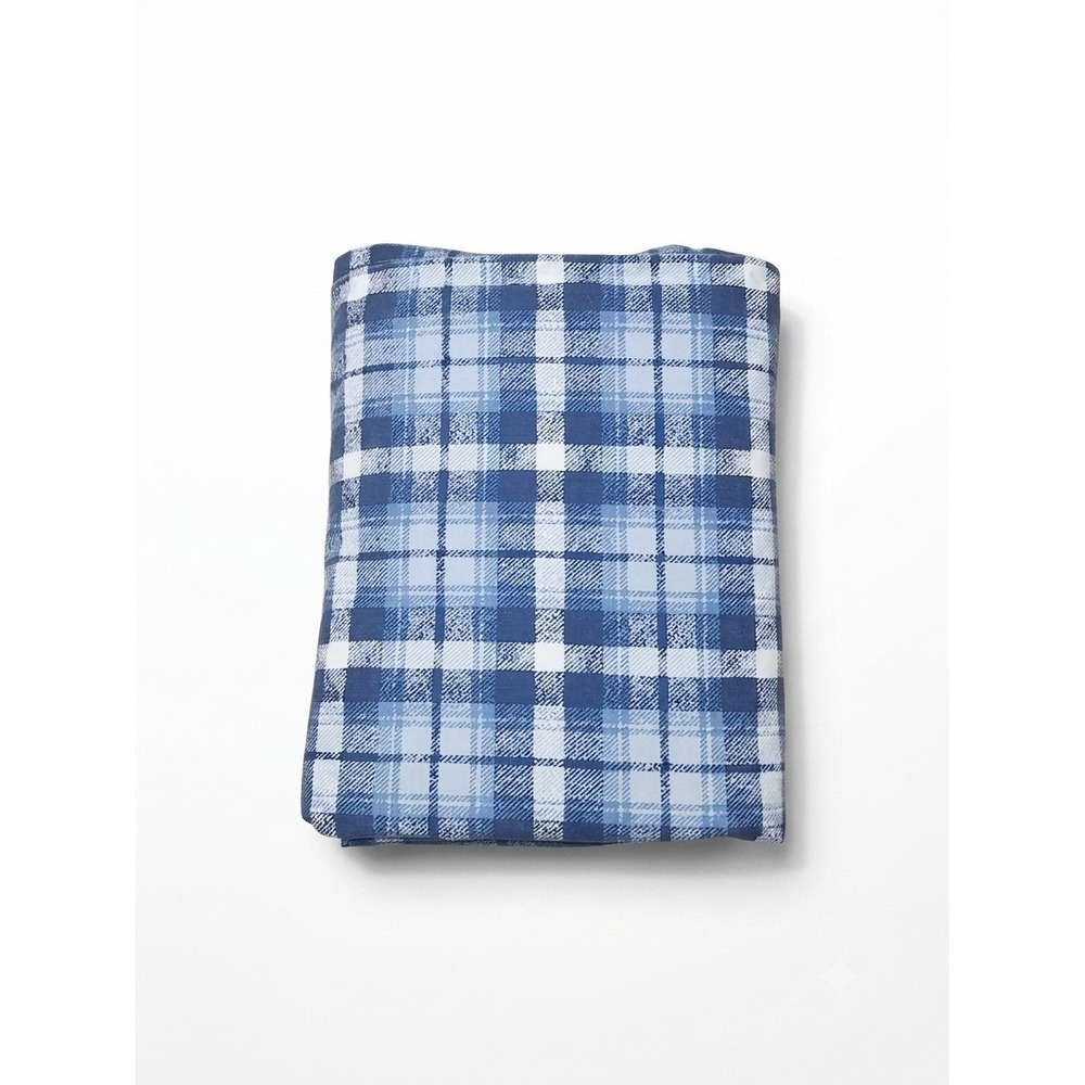 Vintage Ralph Lauren Queen Flat Sheet Blue White Plaid USA Made Flannel Cotton